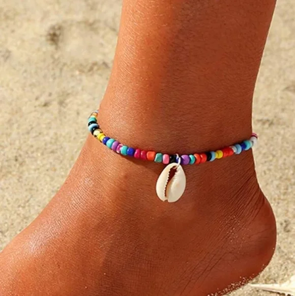 Colorful Beaded Anklet with Puka Shell Charm - Picture 1 of 5